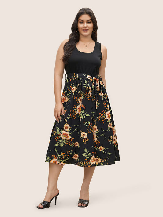 Floral Patchwork Pocket Elastic Waist Sleeveless Dress