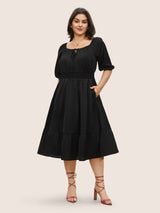 Solid Shirred Knot Neck Patchwork Ruffle Hem Dress