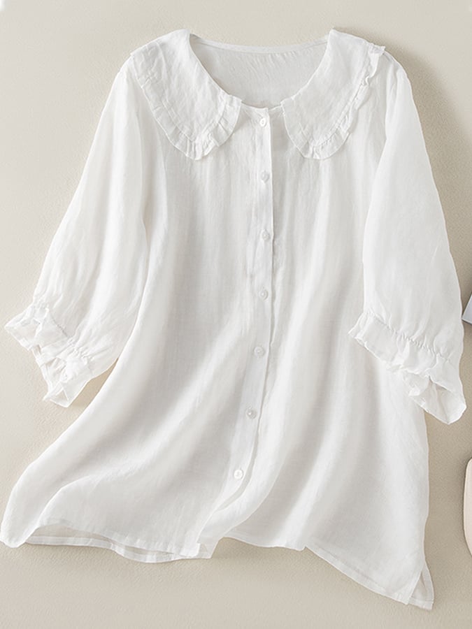 Cotton Linen Loose Peter Pan Ruffles Neck Shirt