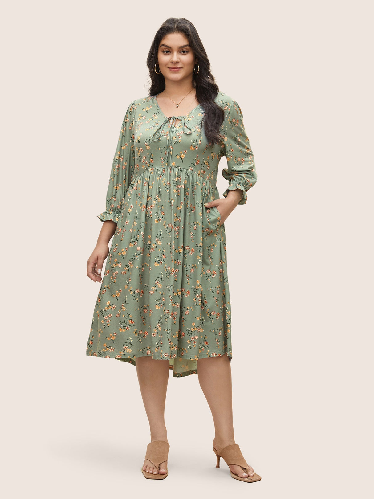 Ditsy Floral Tie Neck Flutter Sleeve Gathered Dress