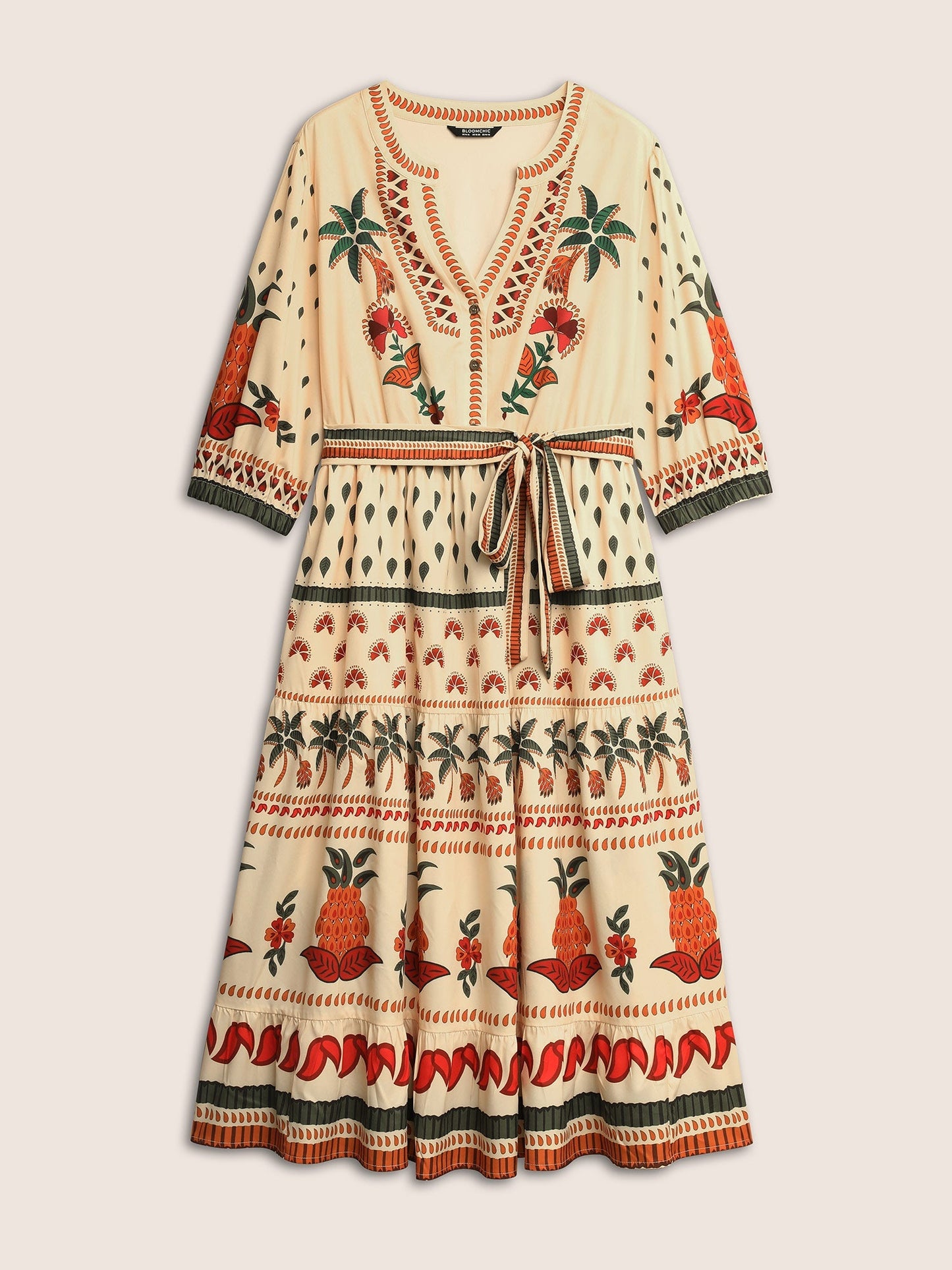 Boho Print Notched Collar Patchwork Belted Dress