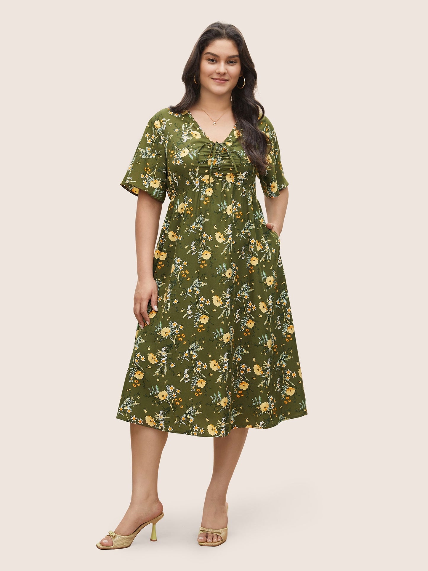 Floral Elastic Waist Drawstring Pocket Dress