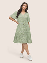 Polka Dot Button Detail Flutter Layered Hem Dress