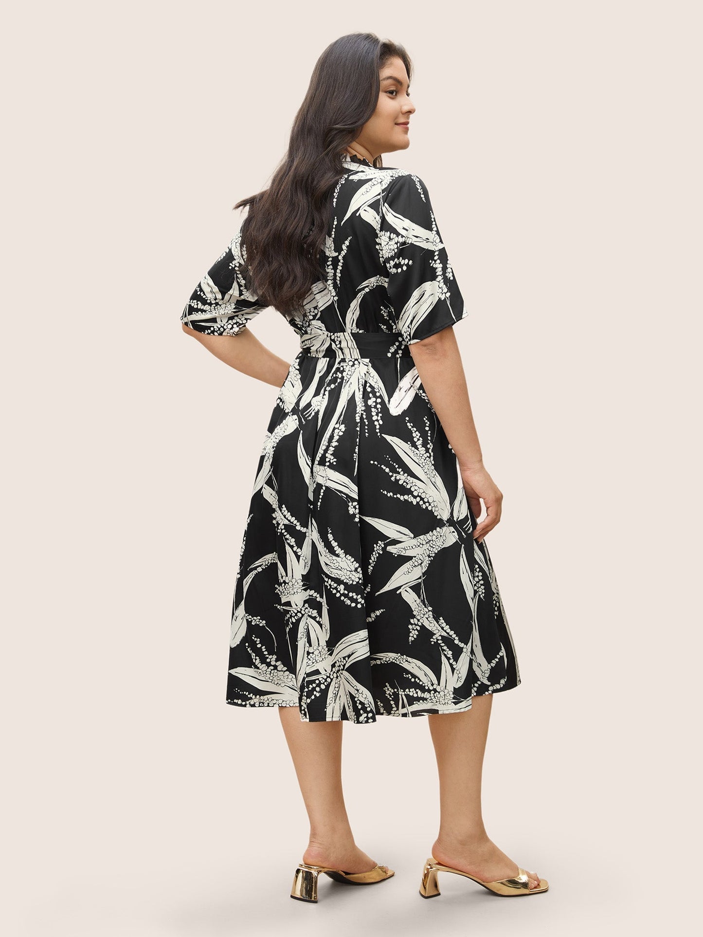 Plants Print Notched Belted Pocket Dress