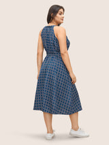 Plaid Pocket Belted Halter Midi Dress