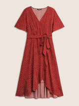 Polka Dot Surplice Neck Belted Arc Hem Dress