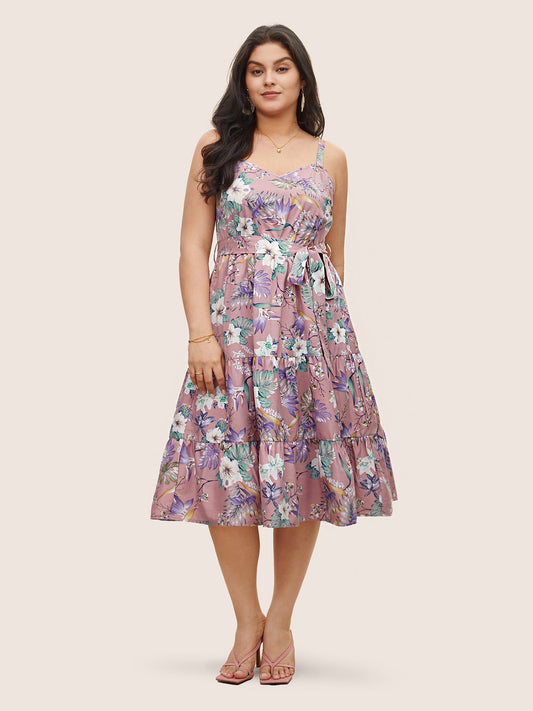 Floral Belted Adjustable Straps Layered Hem Dress