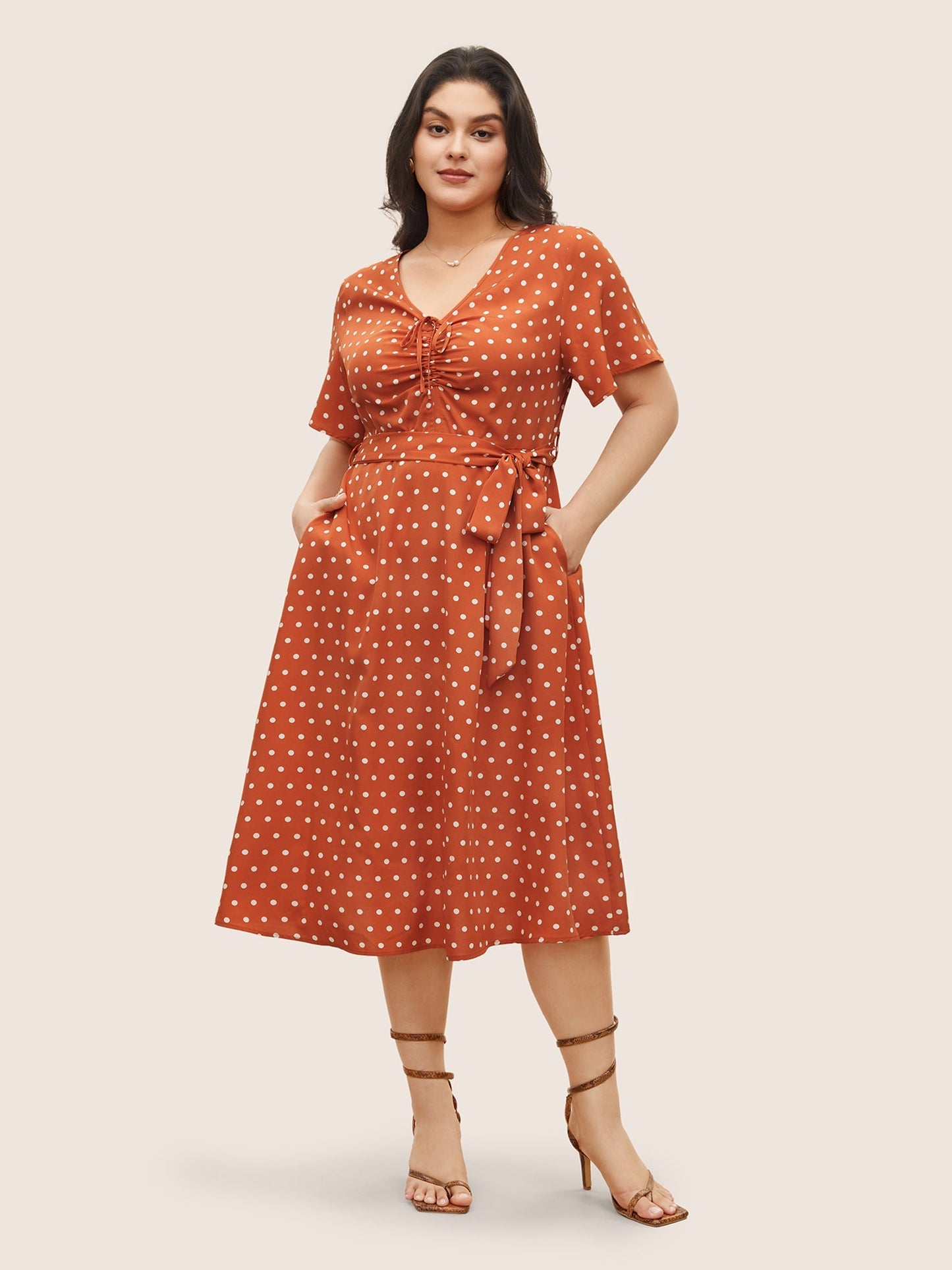 Polka Dot Drawstring Belted Ruffle Sleeve Dress