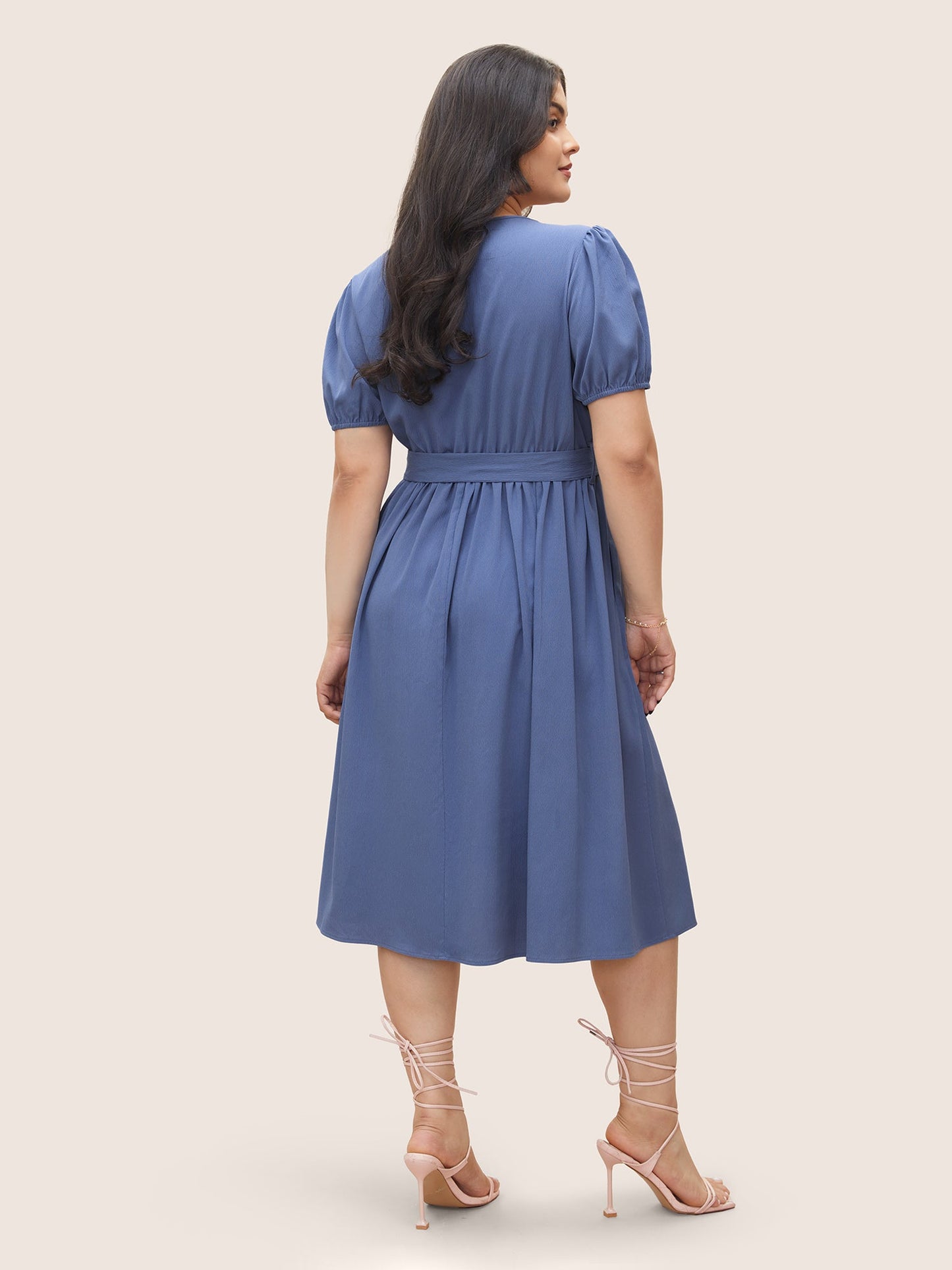 Solid Button Detail Belted Elastic Waist Dress