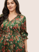 Floral Print Flutter Sleeve Shirred Pleated Dress