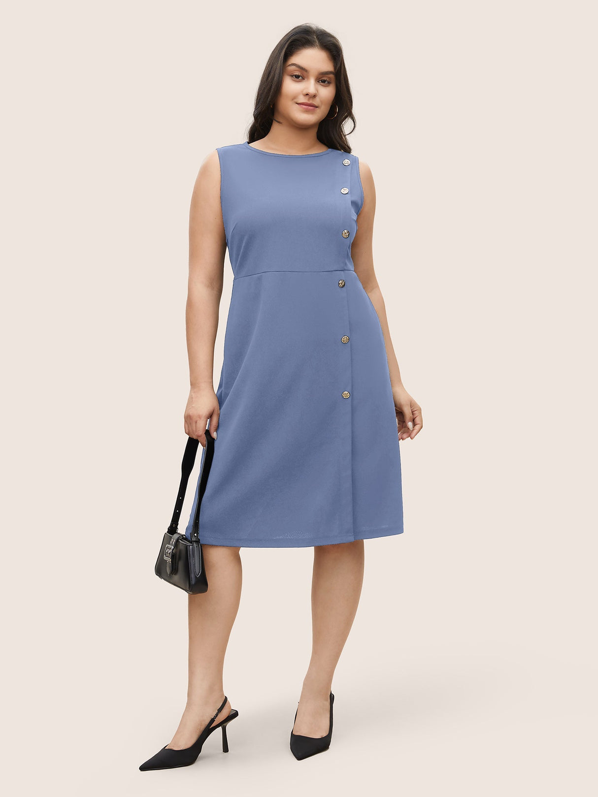 Plain Sleeveless Button Detail Pocket Dress