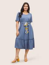 Solid Frill Trim Buckle Detail Belted Dress