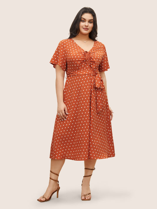 Polka Dot Drawstring Belted Ruffle Sleeve Dress