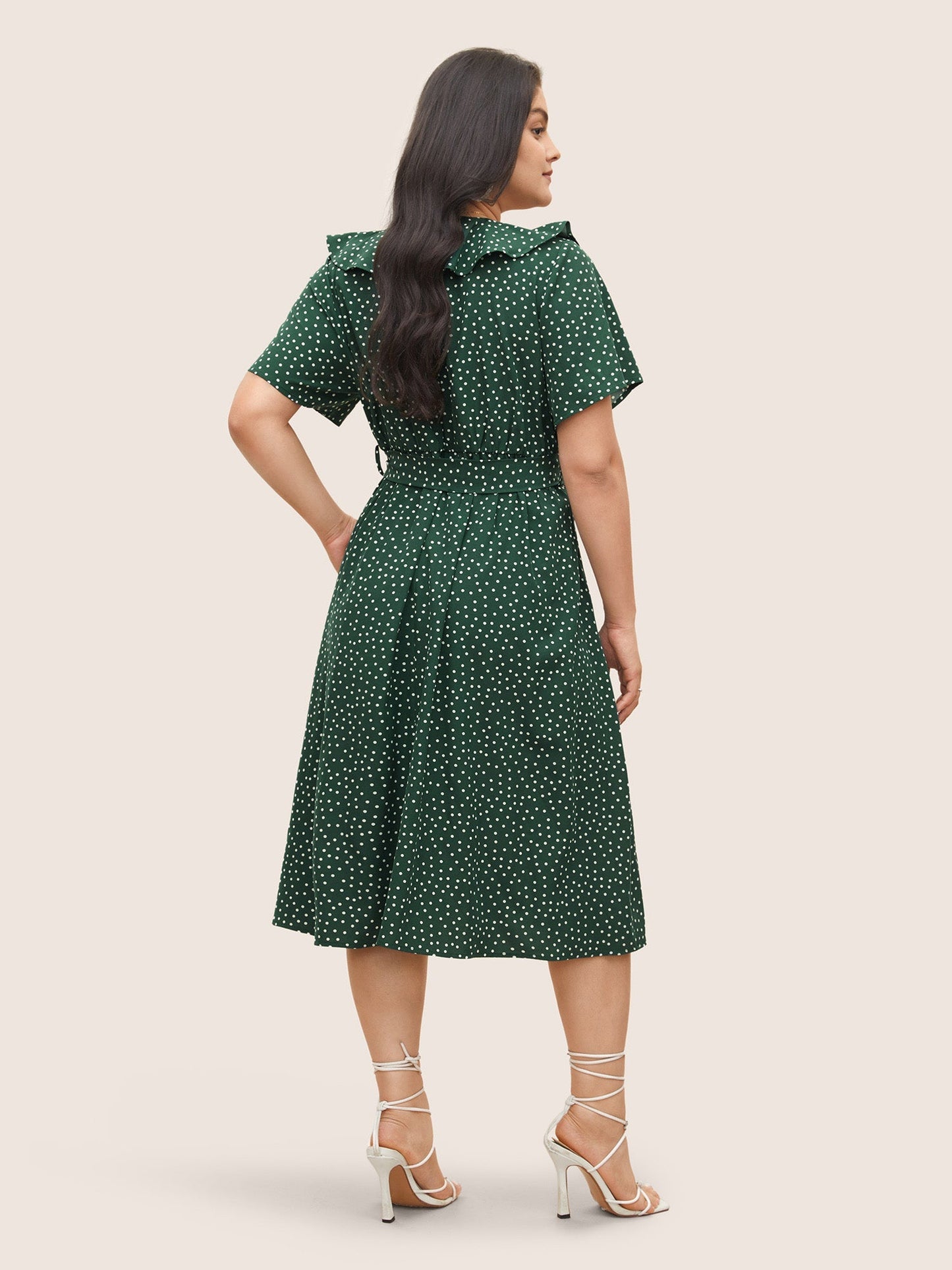 Polka Dot Flutter Trim Belted Button Detail Dress