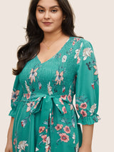 Floral Print Shirred Front Ruffle Sleeve Dress