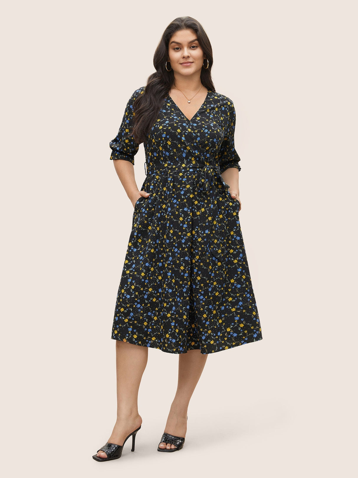 Ditsy Floral Ruffle Half Sleeve Belted Dress