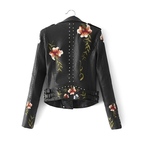 Womens Black Vegan Leather Floral Embroidered Jacket