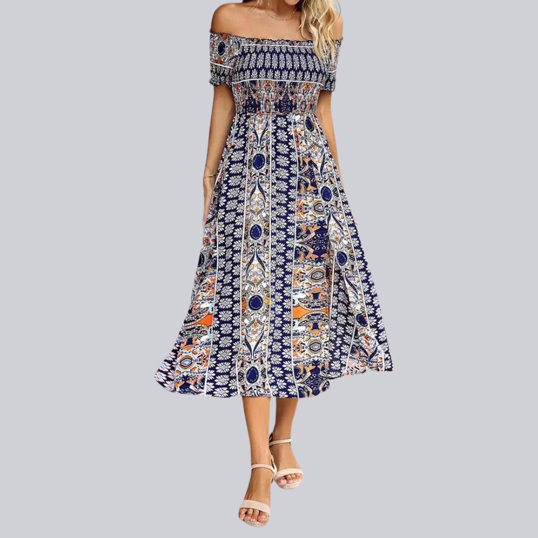 Aurora - Off-the-shoulder boho maxi dress with ruffled top