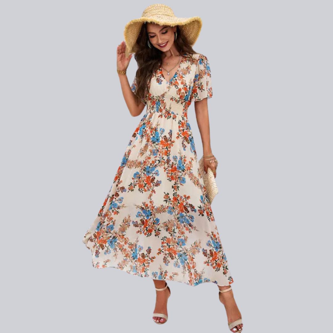 Isabella - Floral V-neck midi dress with short sleeves