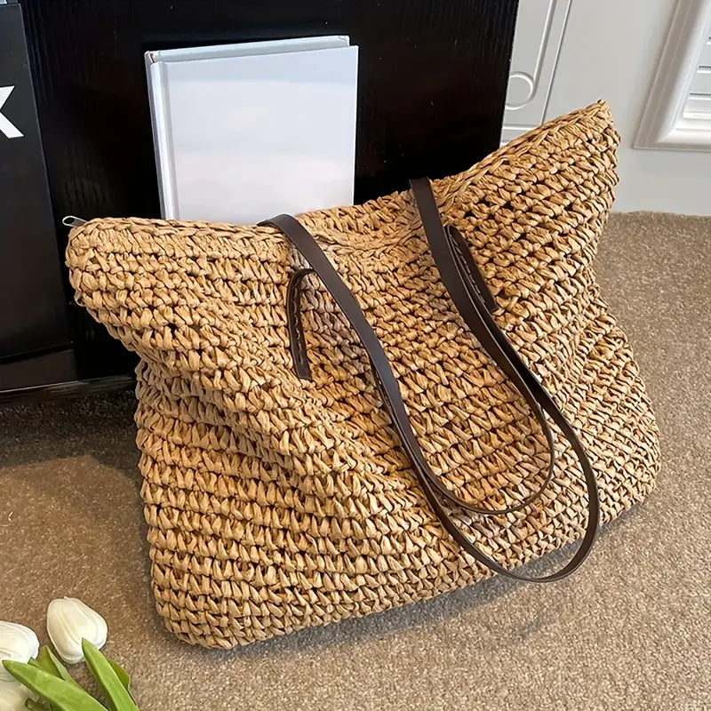 Tara - Woven carrier bag with leather straps