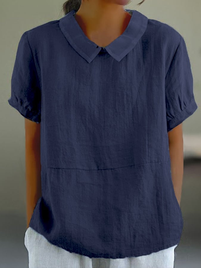 Blue Plain Short Sleeve Round Neck Top