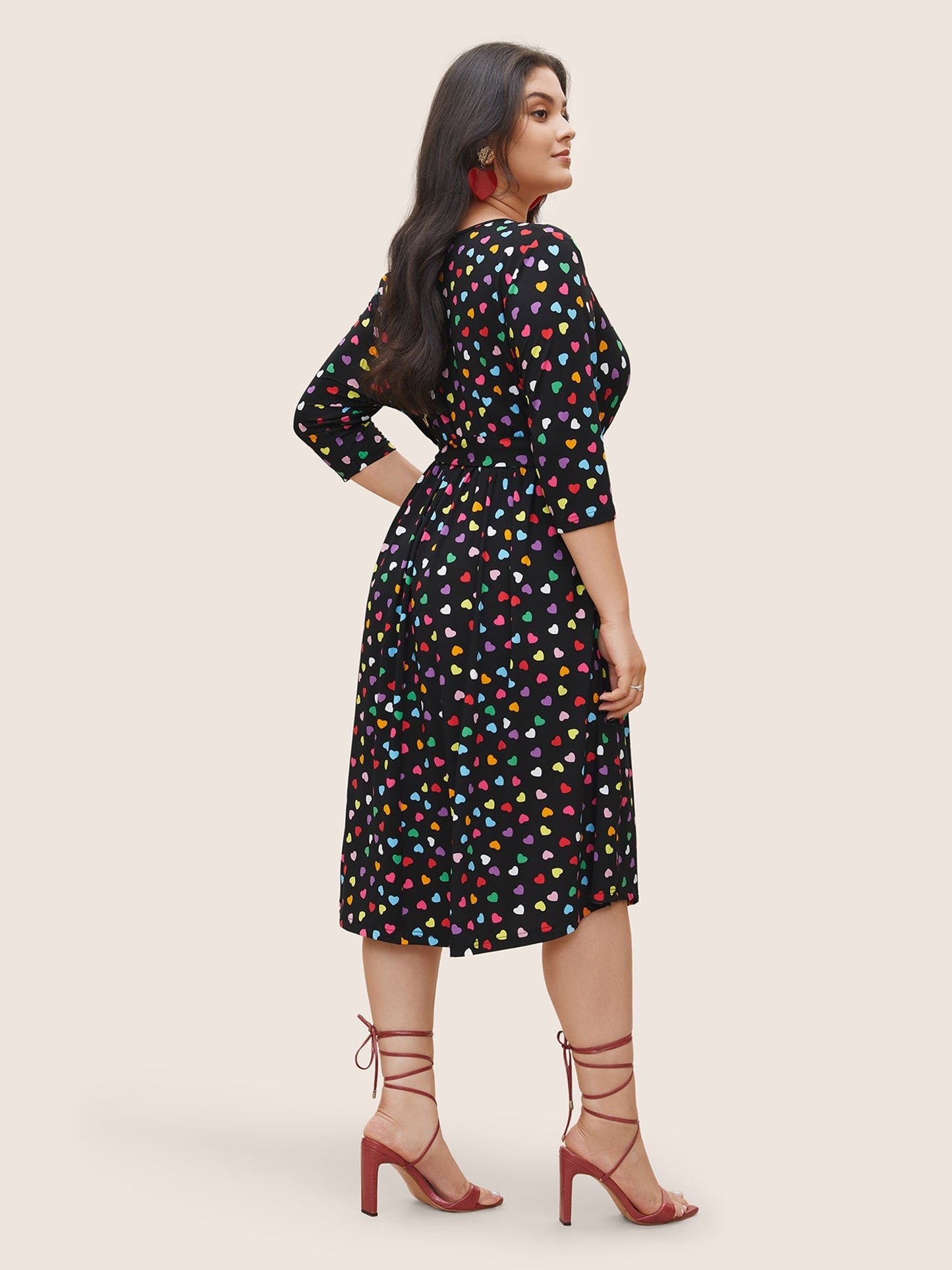 Colored Heart Print Belted Overlap Collar Dress