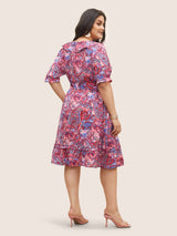 Paisley Print Belted Ruffle Trim Dress