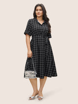 Plaid Belted Shirt Collar Cuffed Sleeve Dress