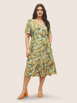 Loquat Print Belted Flutter Sleeve Wrap Dress