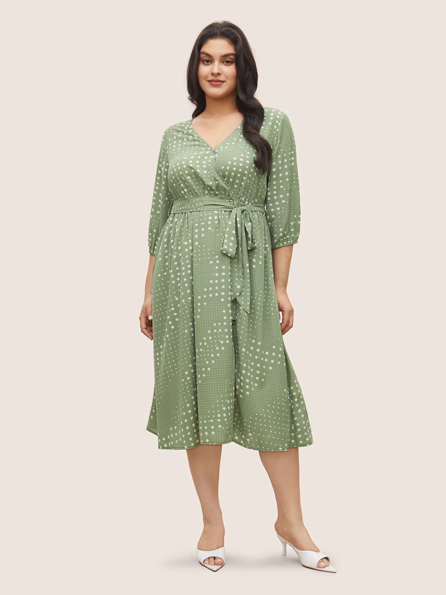 Polka Dot Overlap Collar Belted Lantern Sleeve Dress