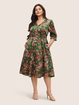 Floral Print Flutter Sleeve Shirred Pleated Dress