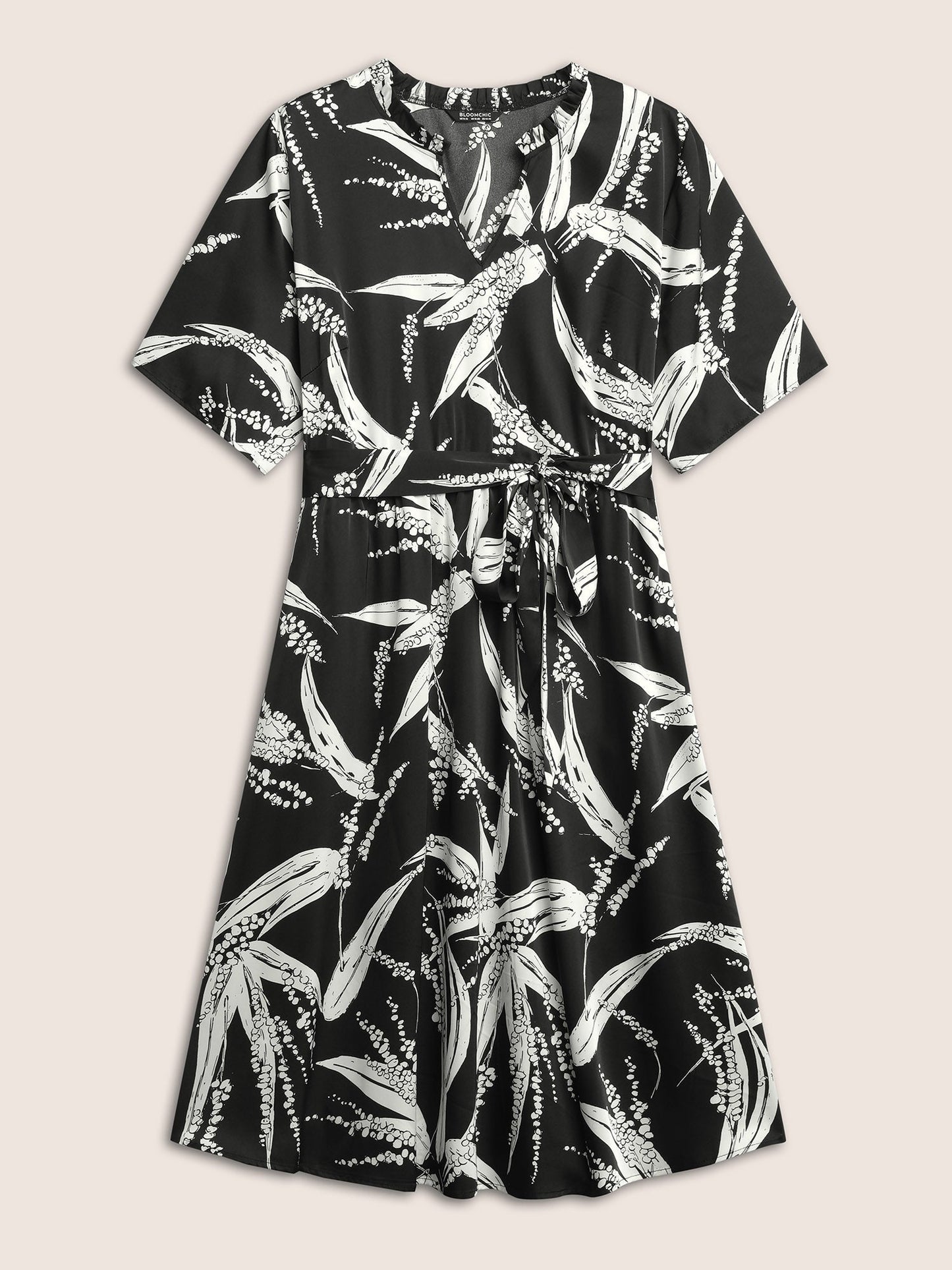 Plants Print Notched Belted Pocket Dress