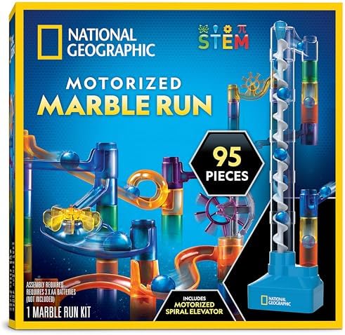 National Geographic Marble Run with Motorized Elevator - 150-Piece Marble Maze Kit with Motorized Spiral Lift, 30 Marbles, Storage Bag & More, Perpetual Motion Machine, Marble Game, Kids Physics Toys