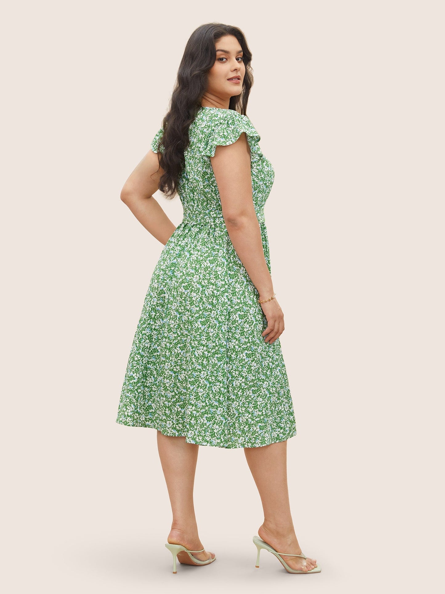 Ditsy Floral Belted Flutter Cap Sleeve Dress