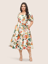 Grapefruits Print Belted Frill Trim Gathered Dress