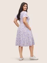 Ditsy Floral Elastic Waist Knot Drawstring Dress