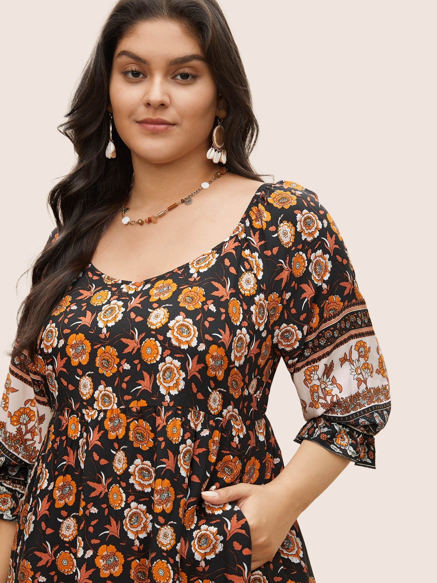 Bandana Print Square Neck Pocket Ruffle Sleeve Dress