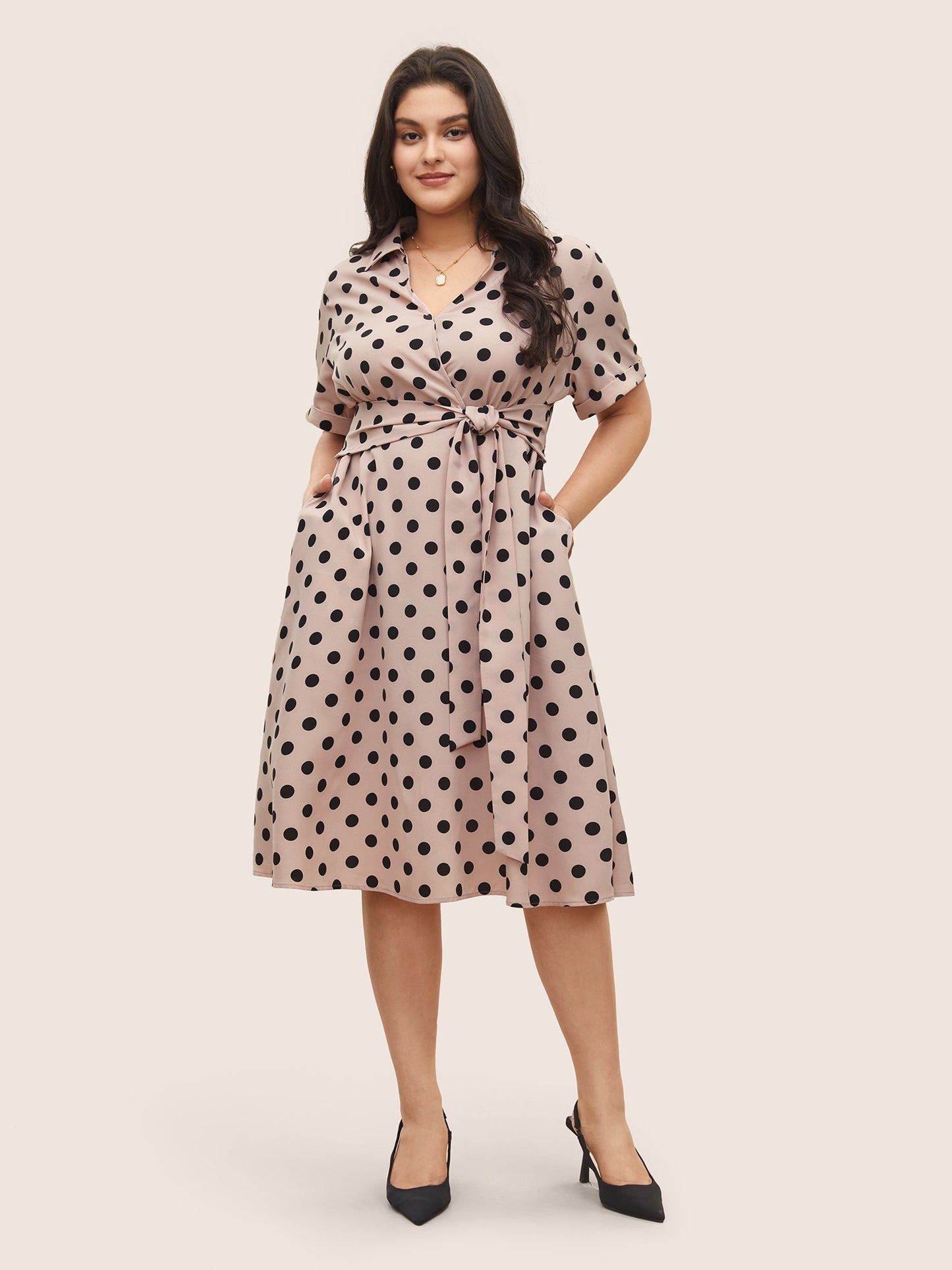 Polka Dot Elastic Waist Ties Pocket Dress