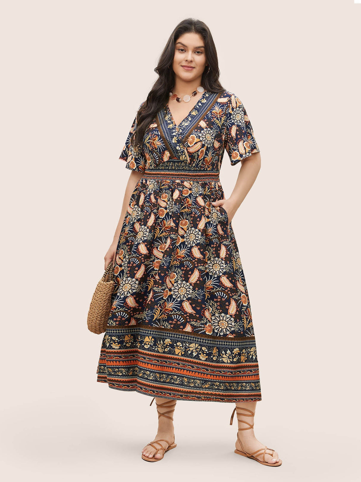 Bandana Print Shirred Overlap Collar Flutter Sleeve Dress