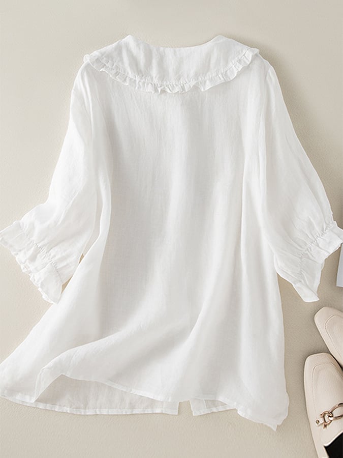 Cotton Linen Loose Peter Pan Ruffles Neck Shirt