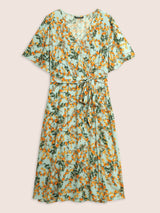 Loquat Print Belted Flutter Sleeve Wrap Dress