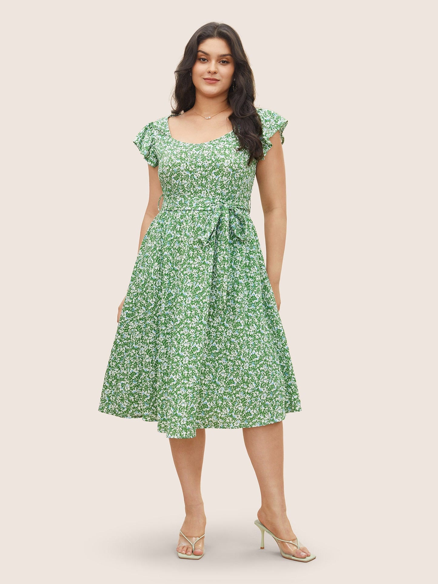 Ditsy Floral Belted Flutter Cap Sleeve Dress