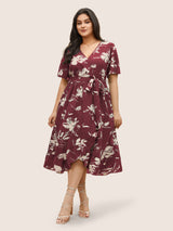 Floral Wrap Elastic Waist Belted Ruffle Sleeve Dress