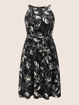 Halter Silhouette Floral Print Belted Dress