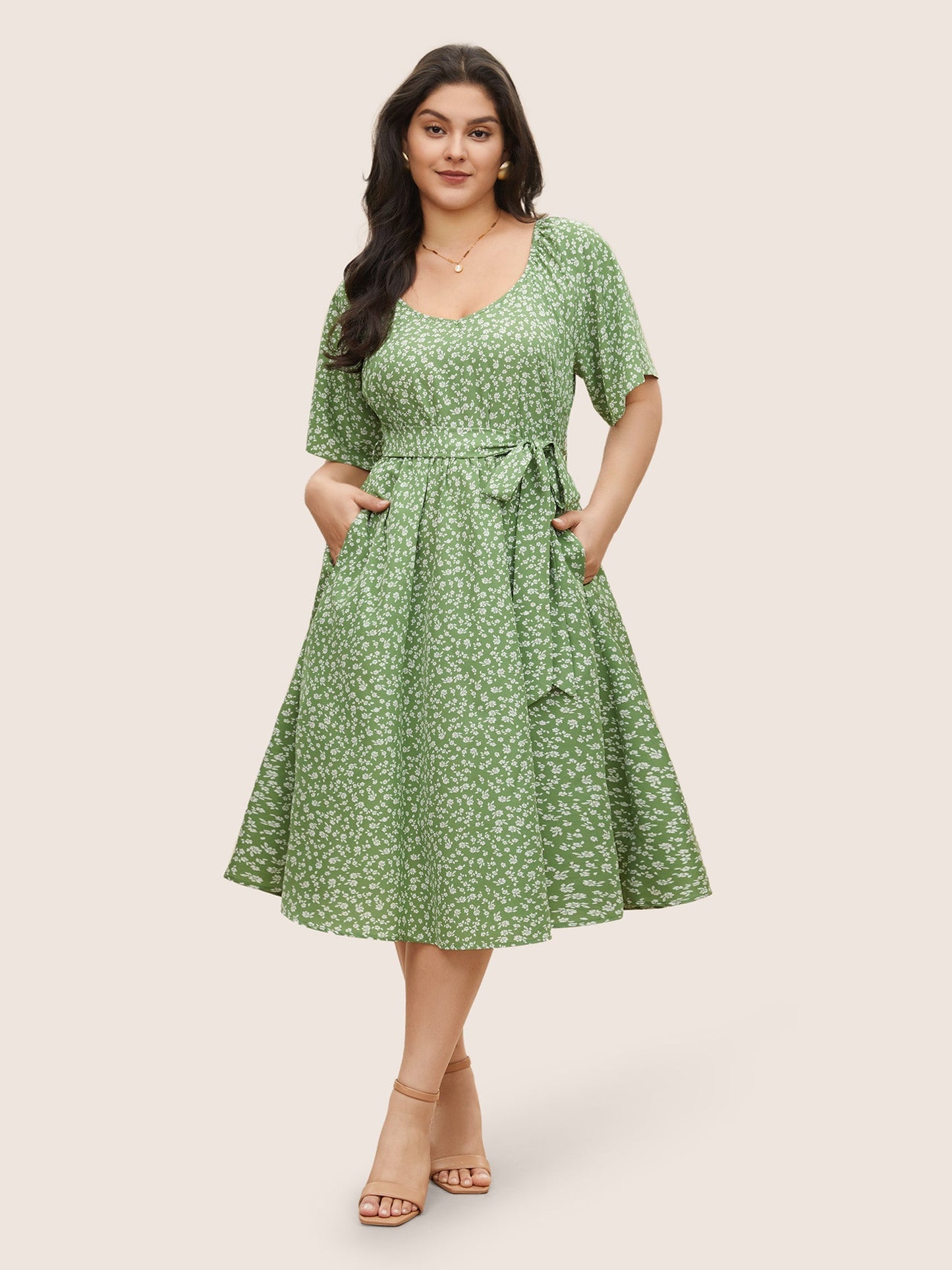 Ditsy Floral Elastic Waist Belted Scoop Neck Dress