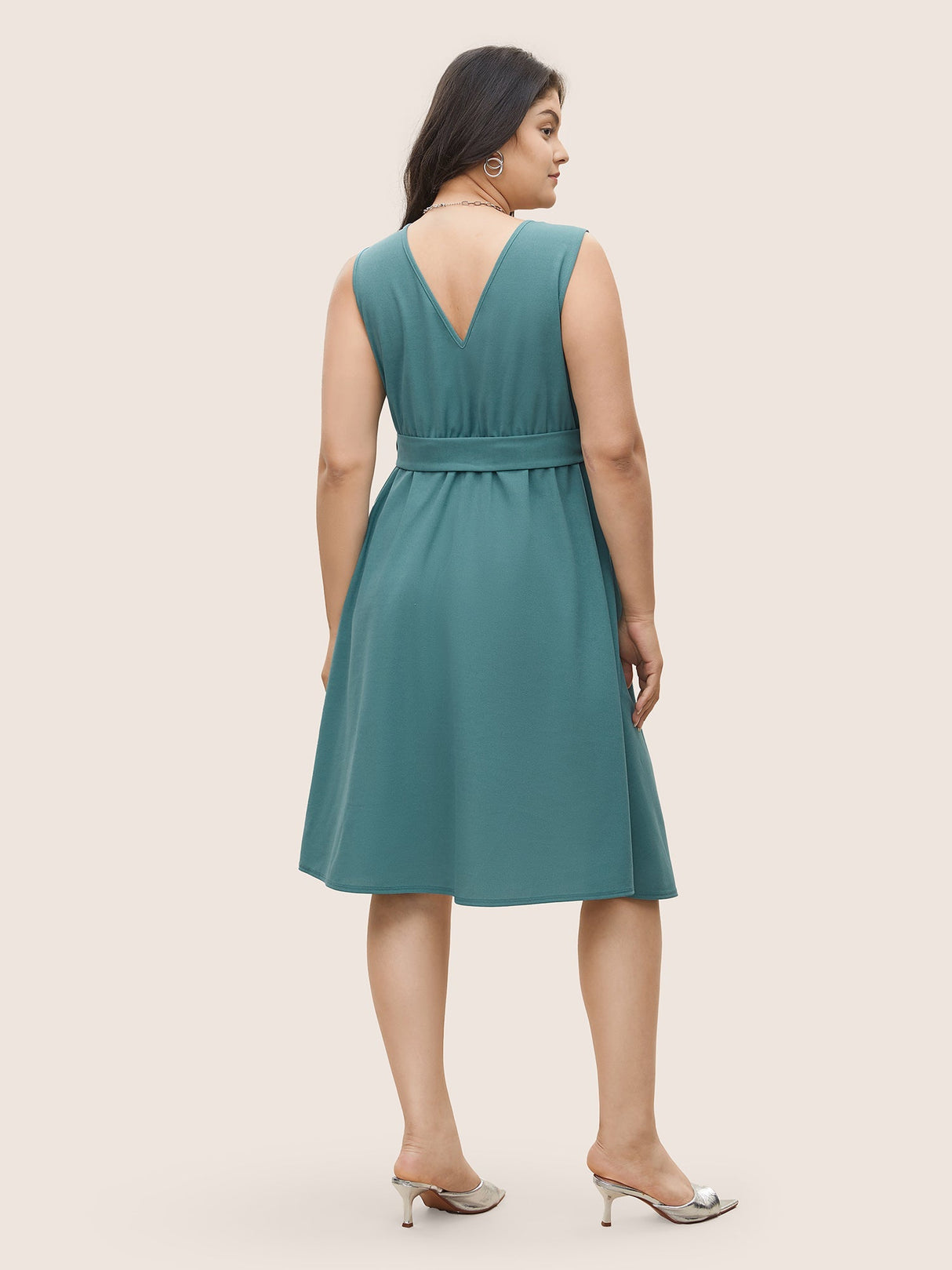 Asymmetrical Neck Pleated Belted Sleeveless Dress