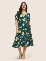 Floral Wrap Elastic Waist Belted Ruffle Sleeve Dress