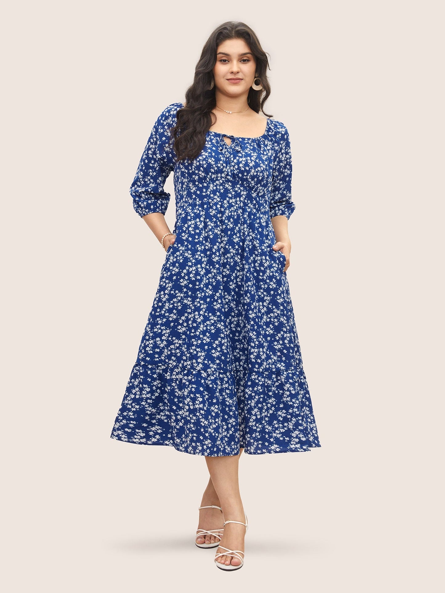 Ditsy Floral Pocket Tie Neck Shirred Dress