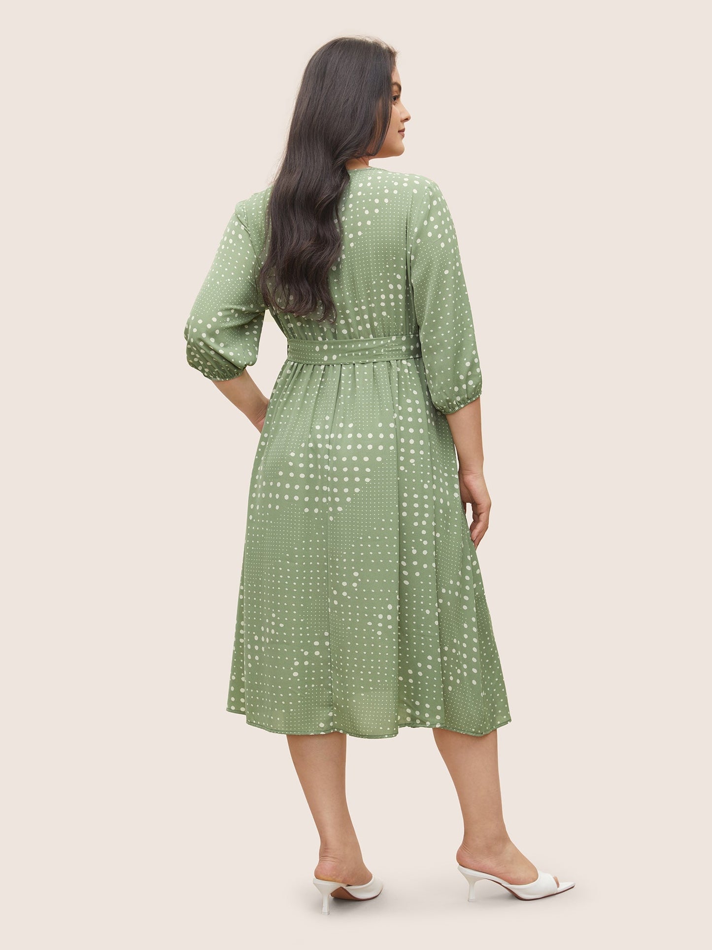 Polka Dot Overlap Collar Belted Lantern Sleeve Dress