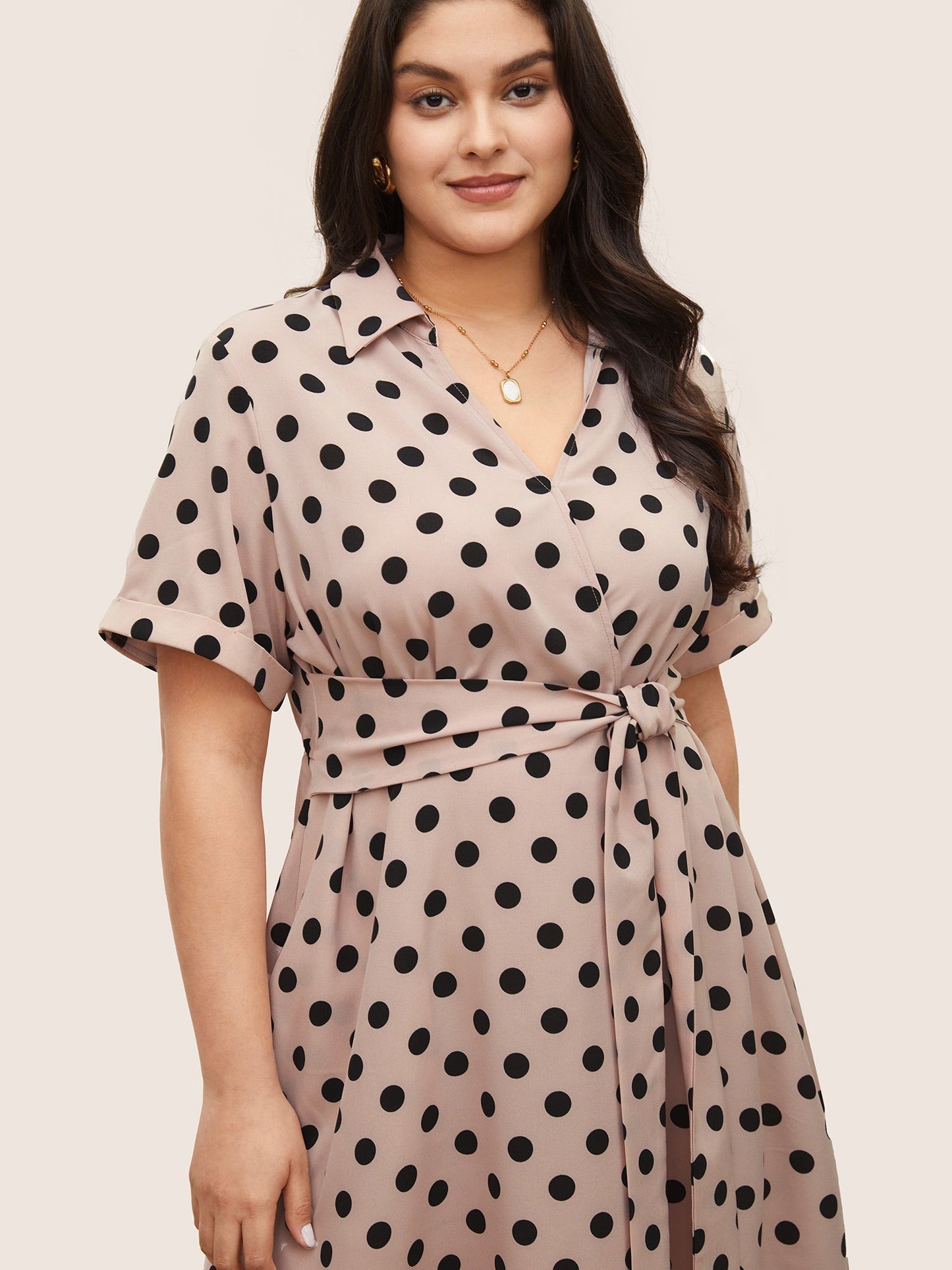 Polka Dot Elastic Waist Ties Pocket Dress